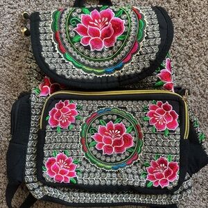 Mexican Embroidered Floral Backpack - Black and Pink